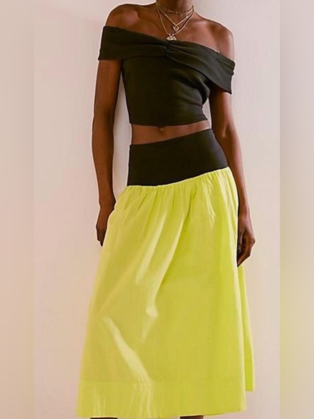 Free People In Capri Black Neon Yellow Maxi Skirt Set boho hippie casual size XS